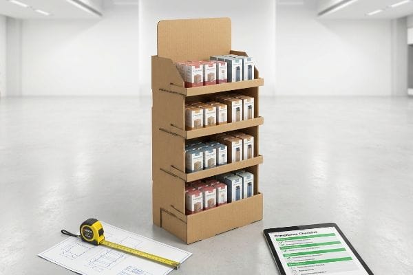 Une salle d'exposition moderne présente un présentoir autoportant en carton contenant divers produits en boîte, un plan, un mètre ruban et une tablette affichant une liste de contrôle de conformité.