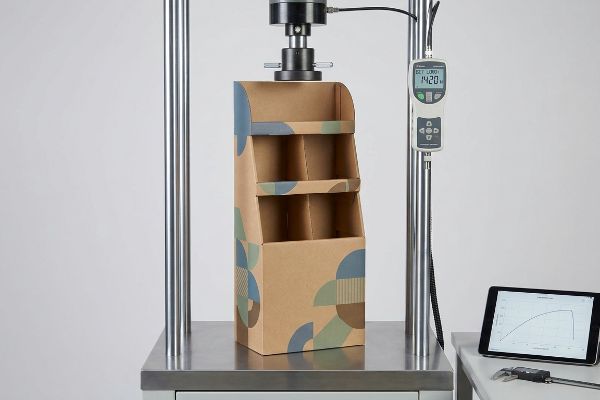 Kraft cardboard retail display undergoing a compression test, showing a force gauge reading 1420, indicating structural integrity evaluation for BCT.