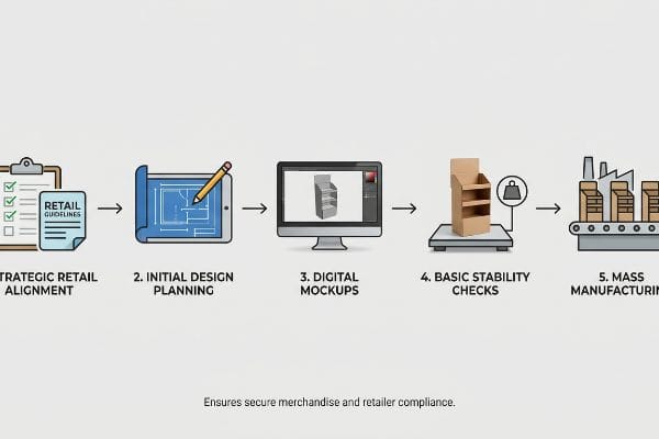 A visual diagram outlines the 5 steps of display creation: Strategic Retail Alignment, Initial Design Planning, Digital Mockups, Basic Stability Checks, and Mass Manufacturing, ensuring retailer compliance.