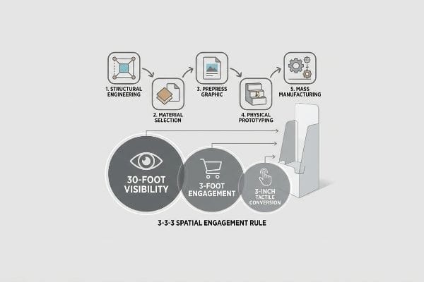 A flowchart details 5 display creation steps and the 3-3-3 Spatial Engagement Rule: 30-Foot Visibility, 3-Foot Engagement, 3-Inch Tactile Conversion.