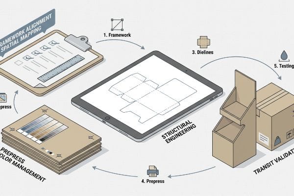 Isometric diagram detailing 5 steps for display creation: Framework Alignment, Structural Engineering Dielines, Prepress Color Management, and Transit Validation Testing.