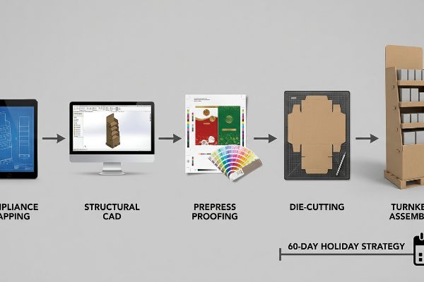 Five steps of display creation: Compliance Mapping, Structural CAD, Prepress Proofing, Die-Cutting, and Turnkey Assembly, for a 60-Day Holiday Strategy.
