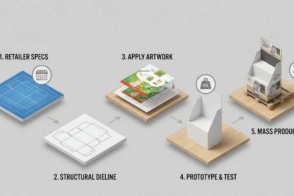 Isometric diagram details five steps for display creation: Retailer Specs, Structural Dieline, Apply Artwork, Prototype & Test, Mass Production.