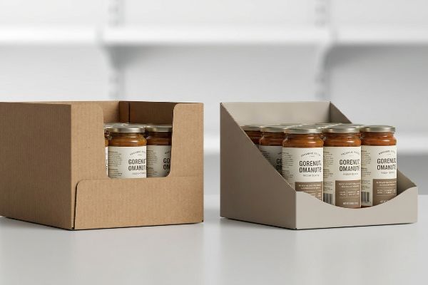 Brown and light grey cardboard display trays showcase Gorenut Omanute organic vegan gluten-free glass jars, highlighting product visibility.
