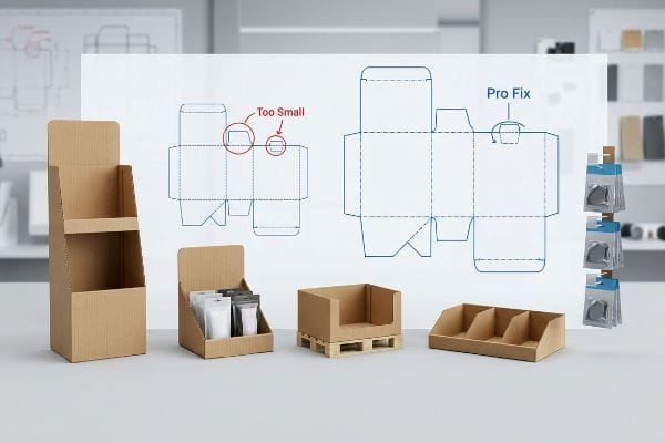 Corrugated cardboard retail displays including floor, counter, pallet, and shelf units, with die-cut diagrams showing 'Too Small' and 'Pro Fix' adjustments.