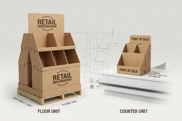 Natural brown corrugated cardboard displays, featuring a Retail Merchandiser Floor Unit on a 48x40 Pallet Limit and a Point of Sale Counter Unit with ADA Max Depth 15 Inch, shown with technical drawings.