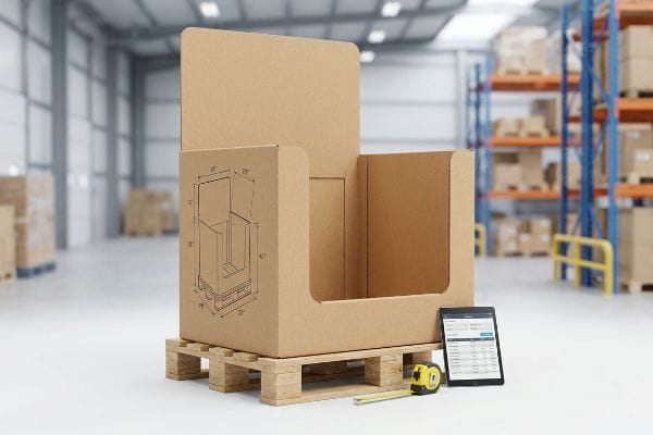 Présentoir en carton ondulé avec dimensions techniques sur une palette en bois, illustrant l'encombrement structurel pour la logistique de vente au détail.