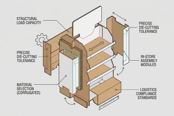 Exploded corrugated retail display diagram with Structural Load Capacity, Precise Die-Cutting, Material Selection, In-Store Assembly, Logistics Compliance.