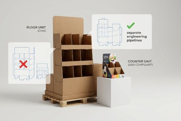 Kraft cardboard floor unit on a pallet and an Ada-compliant counter display, illustrating separate engineering pipelines for retail merchandising.