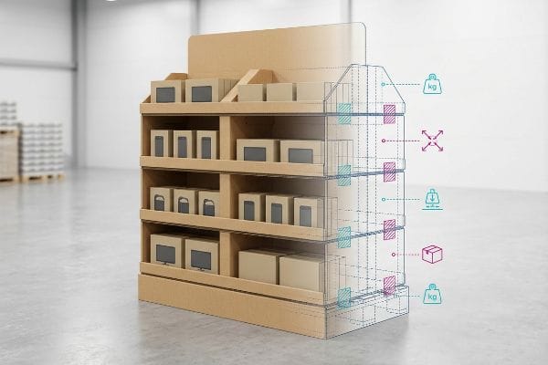 Corrugated retail display stand with technical engineering overlay showing weight, dimensions, and load capacity icons.