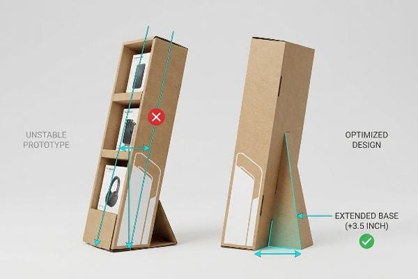 Brown corrugated cardboard displays comparing an Unstable Prototype with an Optimized Design featuring an Extended Base (+3.5 Inch) for stability.