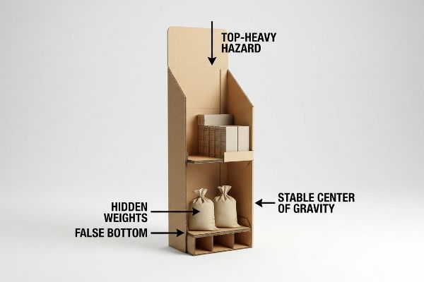 Corrugated cardboard display shows stability principles: Top-Heavy Hazard, Hidden Weights, False Bottom, Stable Center of Gravity.