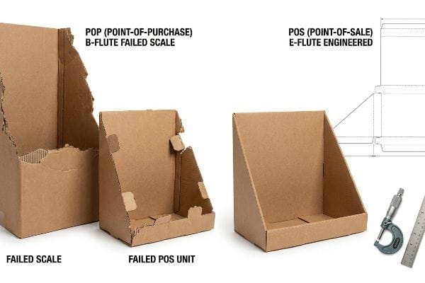 Failed Point-Of-Purchase B-Flute display and a damaged Point-Of-Sale unit contrasted with an engineered E-Flute POS display and micrometer.