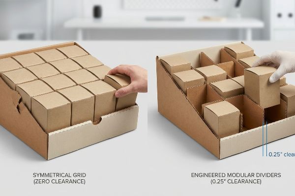 Cardboard display trays contrasting Symmetrical Grid (Zero Clearance) with Engineered Modular Dividers (0.25