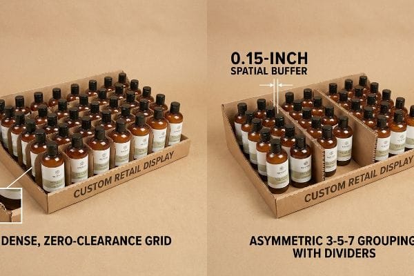Cardboard retail displays: Dense, Zero-Clearance Grid bottles vs. Asymmetric 3-5-7 Grouping, 0.15-Inch Spatial Buffer.