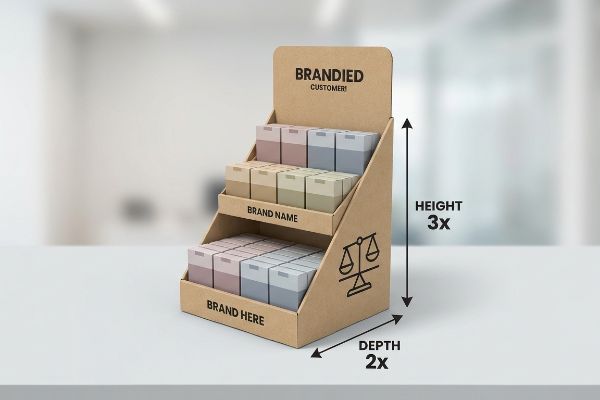 Kraft paper three-tiered countertop display with Brandied Customer, Brand Name, and Brand Here labels, illustrating a 2:3 depth-to-height stability ratio.