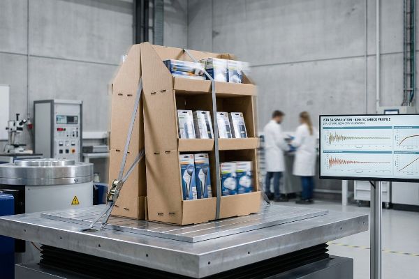 Corrugated retail display on a lab vibration table undergoing ISTA Simulation - Kinetic Shock Profile packaging testing.
