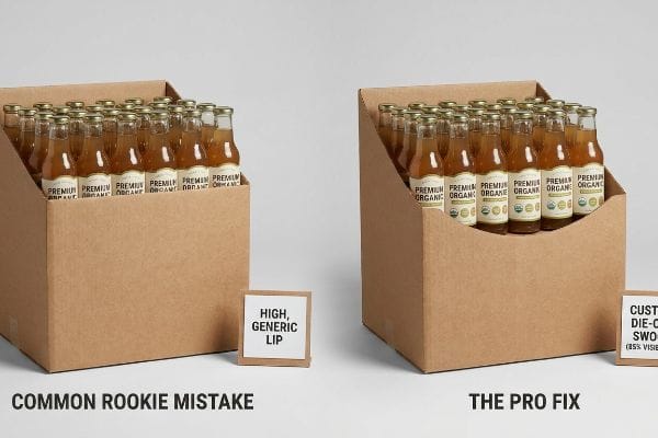 段ボール製ディスプレイボックス：高さのある汎用リップがプレミアムオーガニックボトルを隠し、カスタムダイカットのスウープがボトルを露出させます。.
