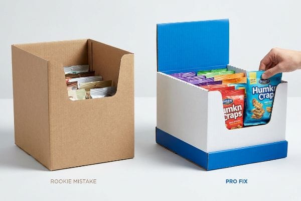 Brown corrugated retail display (Rookie Mistake) with high lip hiding products, contrasted with a white and blue display (Pro Fix) showing 85% product visibility of 'Humkn Craps' and 'Humkr Crap' packages.