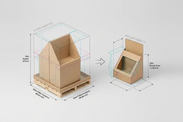 Kraft cardboard displays: Floor Logistics (60-inch height, 48x40-inch GMA pallet) contrasted with POS Accessibility (15-48-inch ADA reach zone) countertop unit.