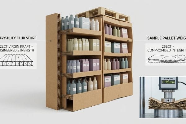 Comparaison des présentoirs en carton ondulé Comparaison de présentoirs en carton ondulé : Magasin Club Heavy-Duty avec une résistance de 32ECT en Kraft vierge contre 26ECT avec une déflexion > 45 mm.