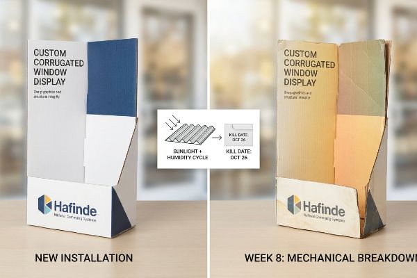 Hafinde Custom Corrugated Window Display: new vs. 8-week degraded, mechanical breakdown from sunlight, humidity, Kill Date.