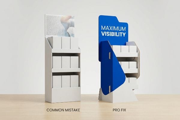 Correction professionnelle des erreurs courantes Présentoirs en carton pour la vente au détail : « Erreur courante » (texte simple) contre « Solution pro » (découpe bleue, « Visibilité maximale »).