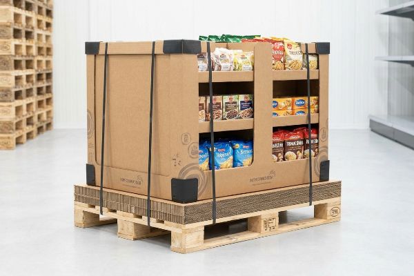 Natural brown corrugated display-ready pallet, filled with food products, secured on a wooden EUR EPAL pallet with a corrugated slip sheet.