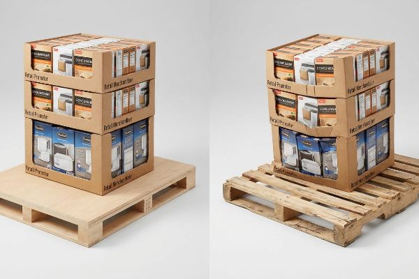 Two setups: brown retail merchandiser trays on a solid deck display pallet and on a slatted export pallet, with Duracell and Instant Beef boxes.