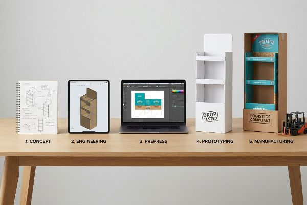Concept sketches, CAD engineering, prepress graphics, a 'Drop Tested' prototype, and a 'Logistics Compliant' display manufacturing process.