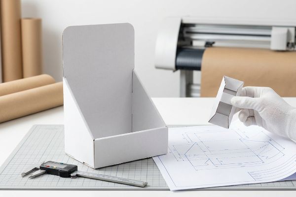 Protótipo de papelão branco para exibição em uma base de corte, com uma planta, um paquímetro digital e uma mão segurando um modelo de papel dobrado.