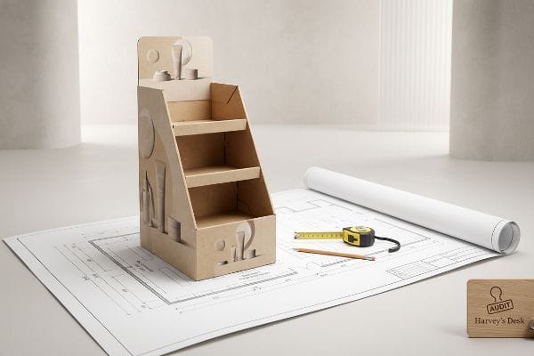Kraft cardboard display prototype with cosmetic cutouts on a blueprint, alongside a tape measure and 'Audit Harvey's Desk' block.