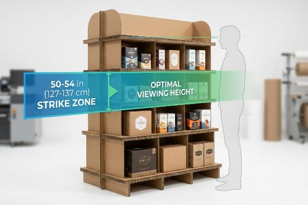 Corrugated display rack with 50-54 inch Optimal Viewing Height Strike Zone, showing product ergonomics.