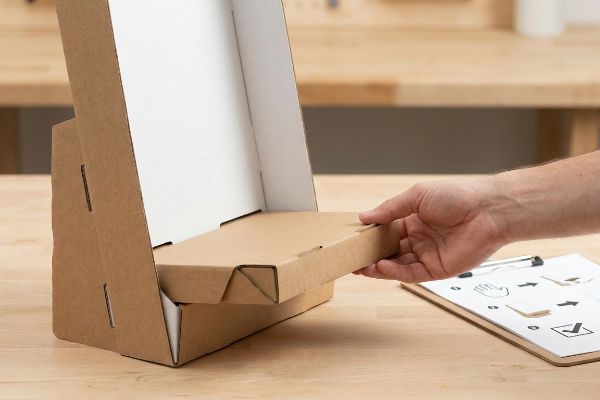 A hand slides a flat-pack corrugated cardboard box into an easy-assemble display rack, with visual instructions nearby on a clipboard.