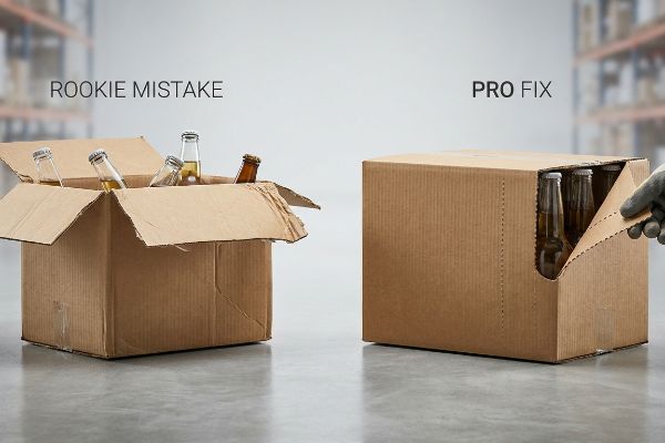Corrugated boxes compare packaging: 'Rookie Mistake' open-top box with loose bottles, and 'Pro Fix' display-ready box with perforated tear-away.