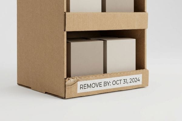 Retail Display Remove Date Corrugated cardboard retail display unit with a "Remove By: Oct 31, 2024" label, highlighting display fatigue.