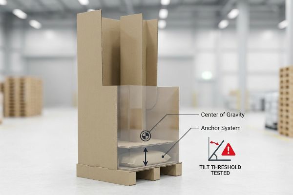Cardboard retail display cutaway reveals a sandbag weight and anchor system, with labels for 'Center of Gravity' and 'Tilt Threshold Tested' for stability.