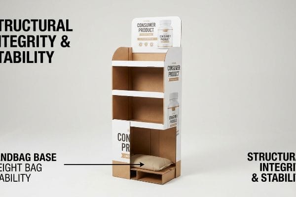 Brown cardboard retail display stand with white branding for 'Consumer Product', featuring a visible sandbag weight in its hidden false bottom for structural integrity and stability.