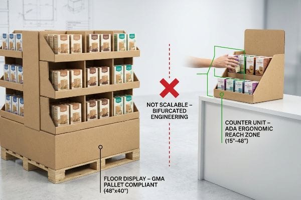 Cardboard floor display on Gma pallet and counter unit with Ada ergonomic reach zone, demonstrating 