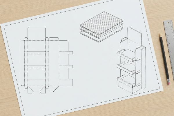 A technical blueprint illustrates a corrugated cardboard shelf display, featuring a flat die-cut template, stacked board layers, and an assembled three-tier merchandiser design.