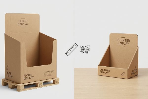 Brown corrugated cardboard floor display on a pallet and a counter display, with 