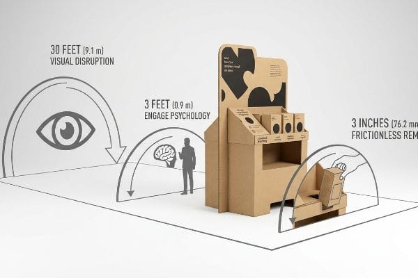 Cardboard retail display diagramming the 3-3-3 Rule: 30 Feet Visual Disruption, 3 Feet Engage Psychology, 3 Inches Frictionless Removal.