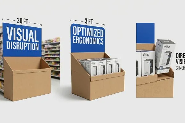 Corrugated cardboard display shows Visual Disruption (30 Ft), Optimized Ergonomics (3 Ft), and Direct Visibility (3 Inches) for products.