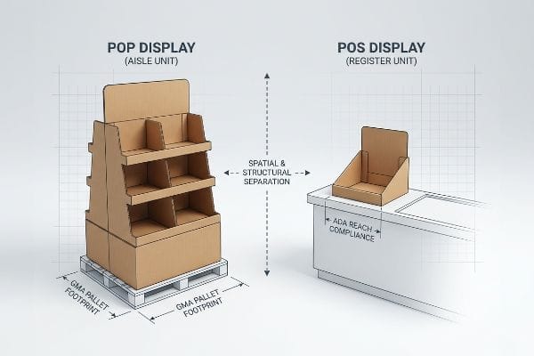 Cardboard display units illustrating the spatial and structural separation between a POP Display (Aisle Unit) with GMA Pallet Footprint and a POS Display (Register Unit) with ADA Reach Compliance.