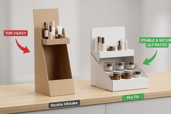 Brown cardboard display illustrating a Top-Heavy Rookie Mistake beside a white Stable & Secure Pro Fix display with a 2:3 Ratio.