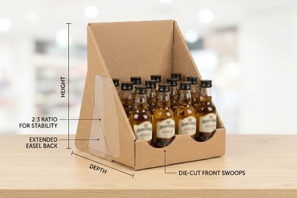 Brown cardboard countertop display for mini alcohol bottles, featuring an Extended Easel Back, Die-Cut Front Swoops, and a 2:3 Ratio For Stability, with Height and Depth labels.