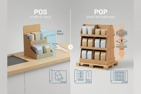 Corrugated cardboard displays: POS counter unit, ADA Reach; POP floor unit, GMA pallet, Structural Load.