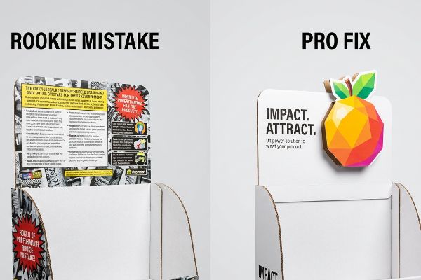 Corrugated display headers contrasting a Rookie Mistake with dense text and a Pro Fix featuring a geometric 3D die-cut pineapple.