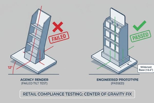 A detailed isometric illustration contrasts a Failed Agency Render, shown tipping at a 12-degree incline, against a stable Engineered Prototype with a Widened Base (+2.4