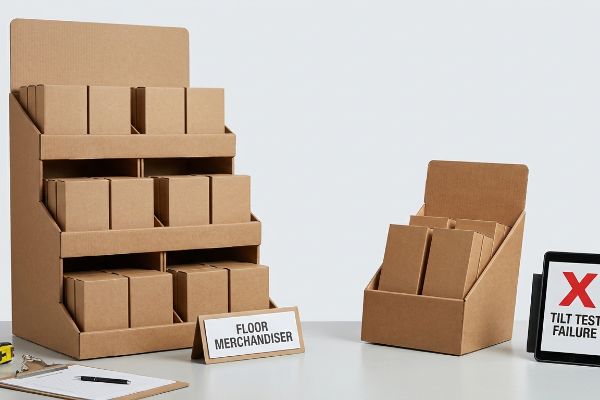 Brown corrugated cardboard floor merchandiser and countertop display, with a